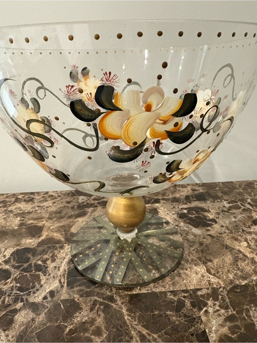 Hand-Painted Glass Pedestal Bowl by  Unknown Brand - Yellow & Black Floral